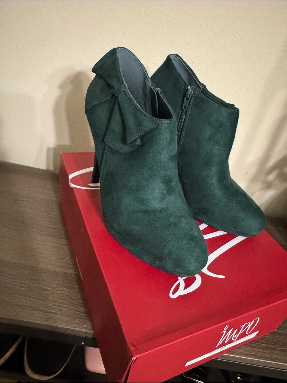Impo Dark Green Suede Ankle Booties with Side Bow